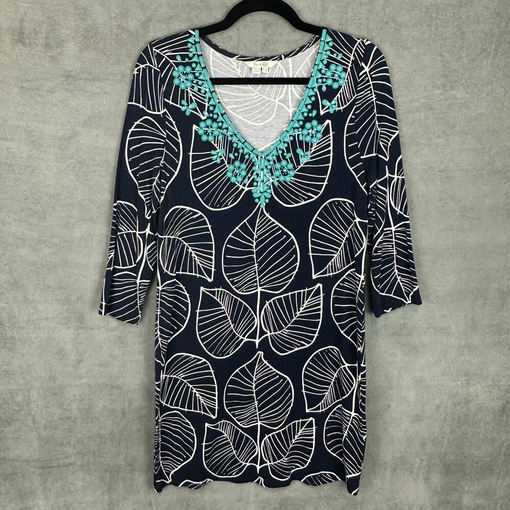 Boden Dress Womens 8R Navy Leaf Turquise Beads Stretch Boho Beachy Tropical